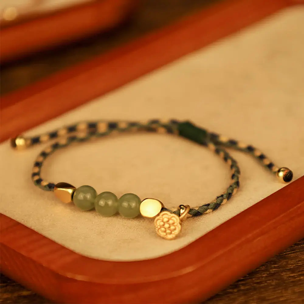 BWOOOH Handcrafted Hetian Jade Lotus Charm Luck Braided Bracelet - BWOOOH - Green Rope(Wrist Circumference