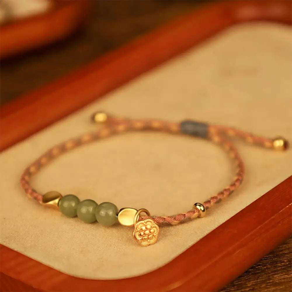 Buddha Stones Handcrafted Hetian Jade Lotus Charm Luck Braided Bracelet - BWOOOH - Pink Rope(Wrist Circumference
