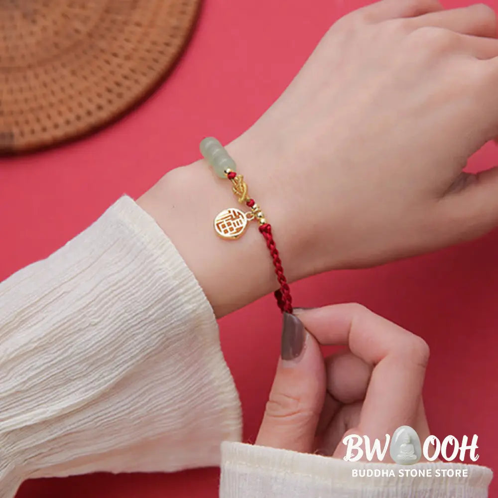 Buddha Stones Handcrafted Jade Bead Fu Character Charm Luck Red Rope Bracelet - BWOOOH - 14-22cm - Bracelet