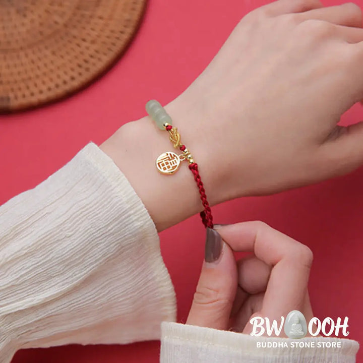 Buddha Stones Handcrafted Jade Bead Fu Character Charm Luck Red Rope Bracelet - BWOOOH - 14-22cm - Bracelet