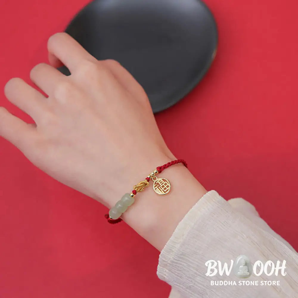 Buddha Stones Handcrafted Jade Bead Fu Character Charm Luck Red Rope Bracelet - BWOOOH - 14-22cm - Bracelet