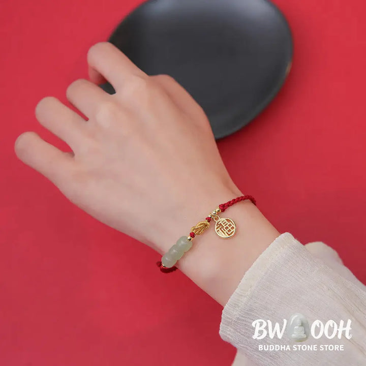 Buddha Stones Handcrafted Jade Bead Fu Character Charm Luck Red Rope Bracelet - BWOOOH - 14-22cm - Bracelet