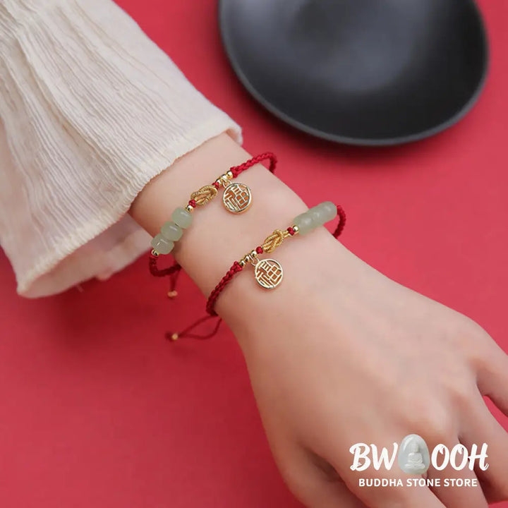 Buddha Stones Handcrafted Jade Bead Fu Character Charm Luck Red Rope Bracelet - BWOOOH - 14-22cm - Bracelet