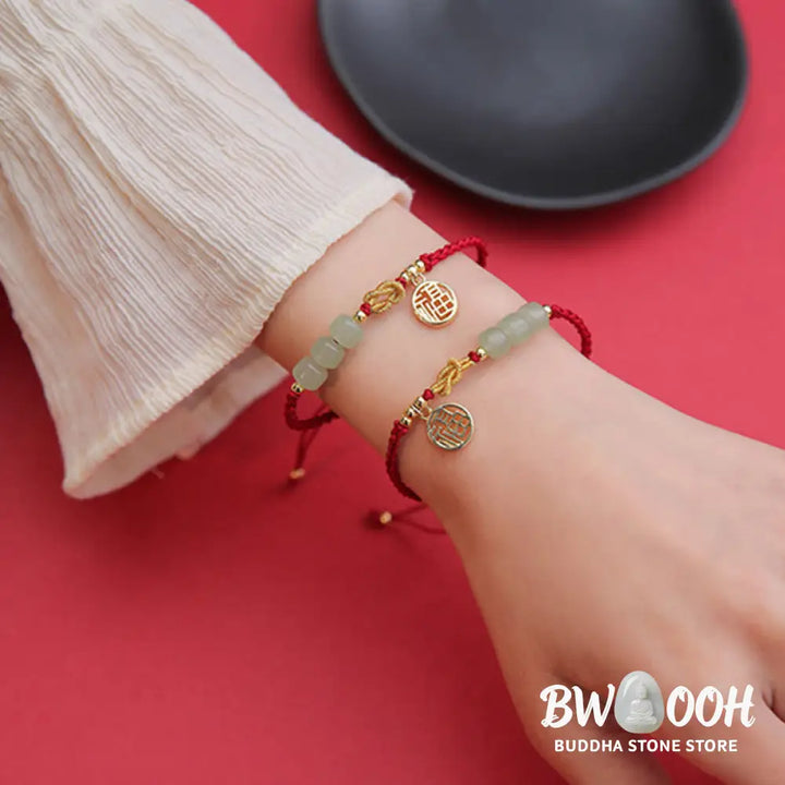 Buddha Stones Handcrafted Jade Bead Fu Character Charm Luck Red Rope Bracelet - BWOOOH - 14-22cm - Bracelet