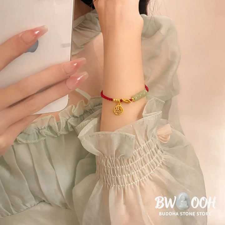 Buddha Stones Handcrafted Jade Bead Fu Character Charm Luck Red Rope Bracelet - BWOOOH - 14-22cm - Bracelet