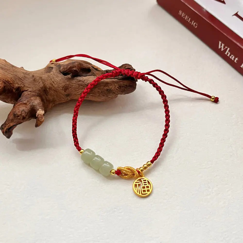 BWOOOH Handcrafted Jade Bead Fu Character Charm Luck Red Rope Bracelet - BWOOOH - 14-22cm - Bracelet