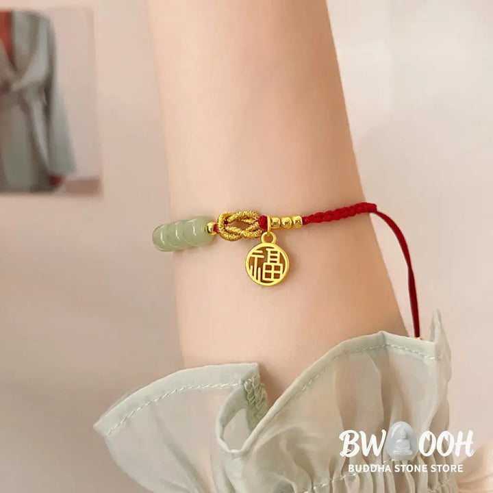 Buddha Stones Handcrafted Jade Bead Fu Character Charm Luck Red Rope Bracelet - BWOOOH - 14-22cm - Bracelet