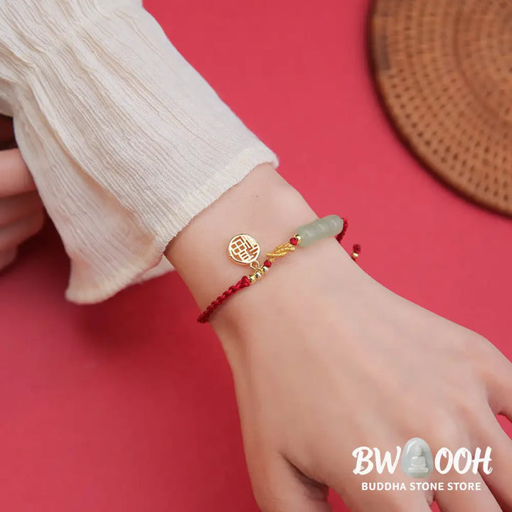 Buddha Stones Handcrafted Jade Bead Fu Character Charm Luck Red Rope Bracelet - BWOOOH - 14-22cm - Bracelet