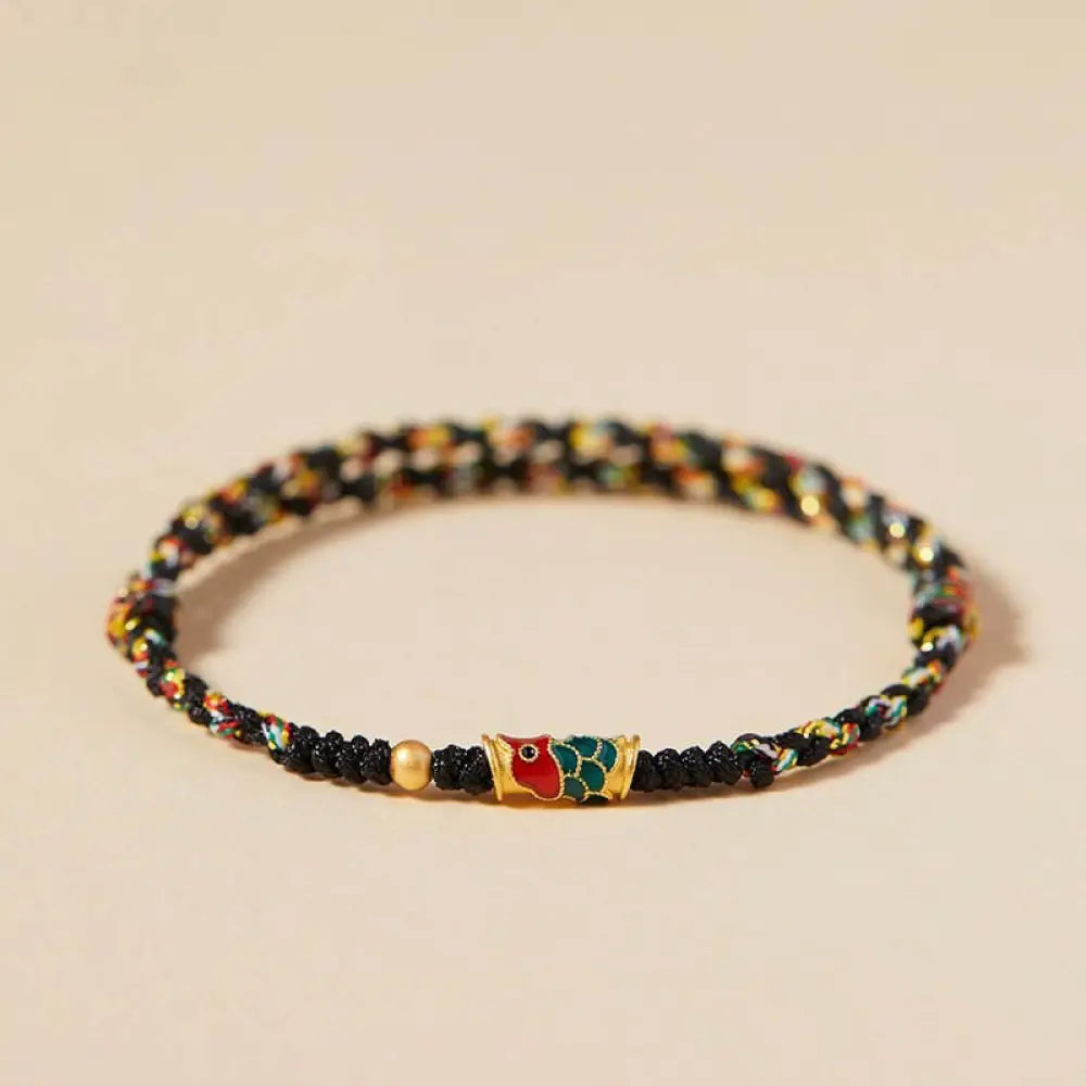 Buddha Stones Handcrafted Koi Fish Wealth Prosperity Braided Rope Bracelet - BWOOOH - Black Colorful(Wrist