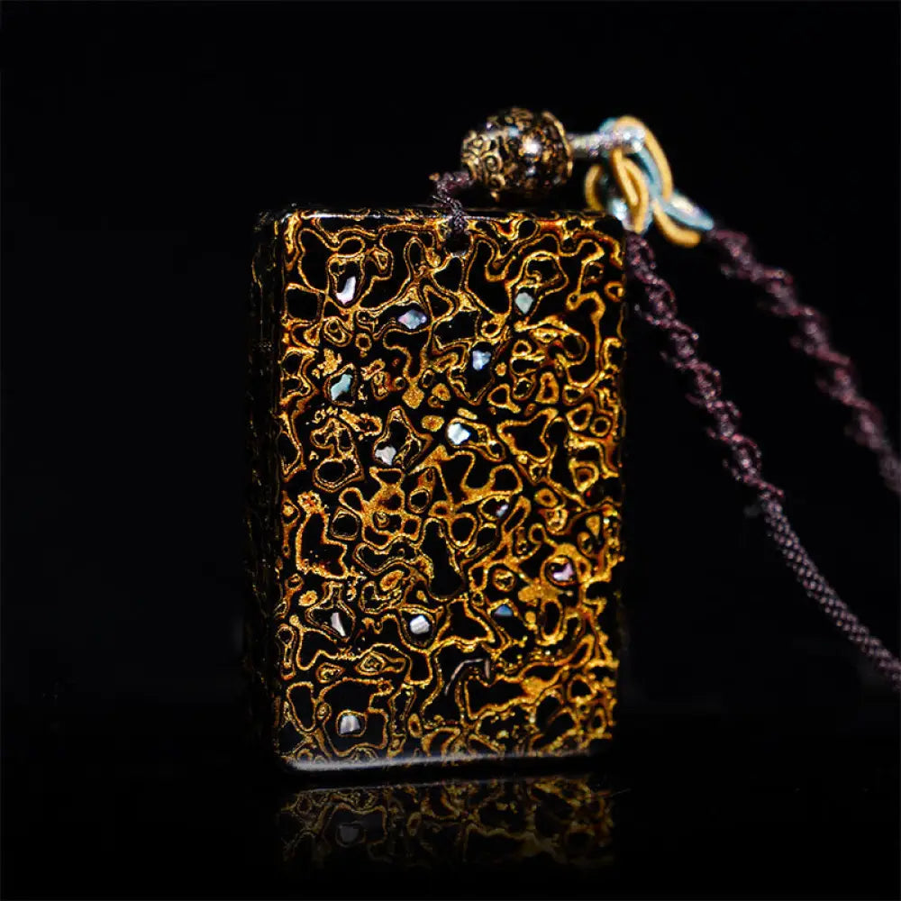 Buddha Stones Handcrafted Lacquer Craft Sandalwood Protection Pendant Necklace - BWOOOH - Black(Pendant Size:4*6*1cm)