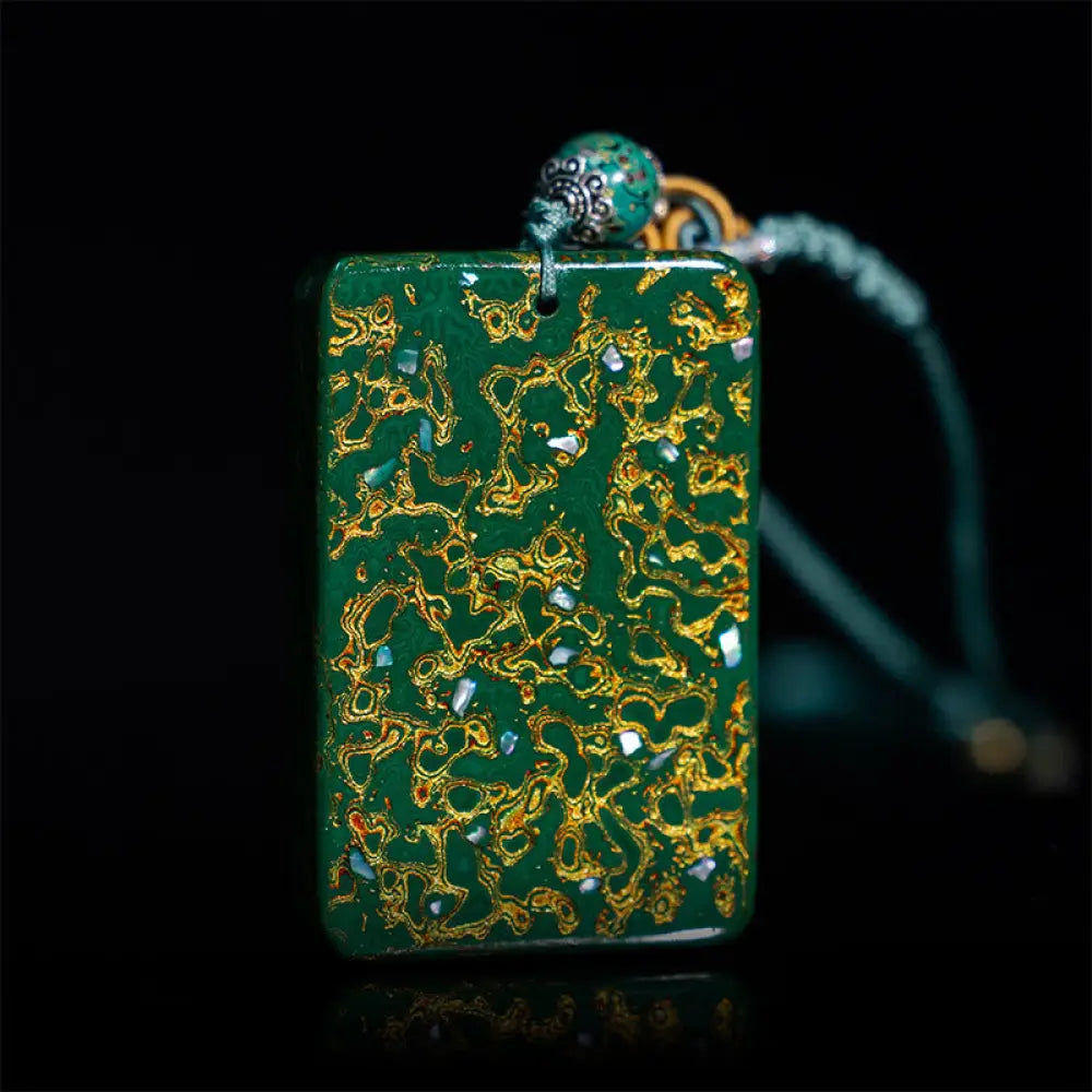 Buddha Stones Handcrafted Lacquer Craft Sandalwood Protection Pendant Necklace - BWOOOH - Green(Pendant Size:4*6*1cm)