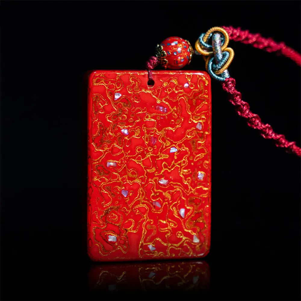 Buddha Stones Handcrafted Lacquer Craft Sandalwood Protection Pendant Necklace - BWOOOH - Red(Pendant Size:4*6*1cm)