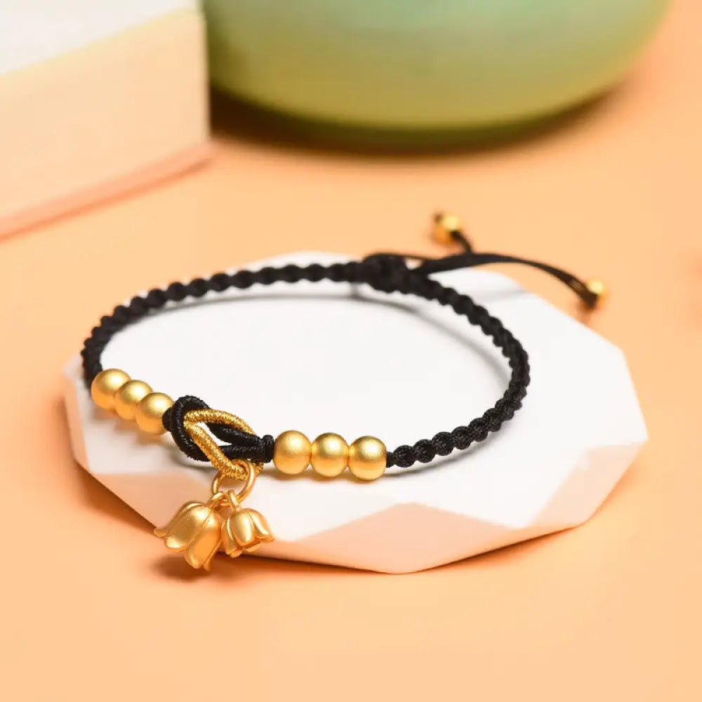 Buddha Stones Handcrafted Lily Of The Valley Flower Charm Design Luck Protection Braided Bracelet - BWOOOH - Black