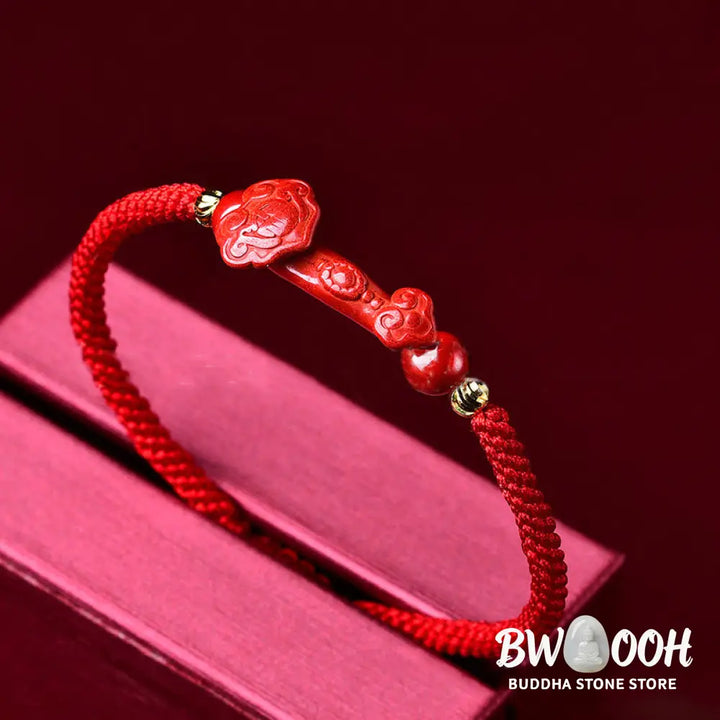 Buddha Stones Handcrafted Pixiu Cinnabar Ruyi Stick Wealth Luck Braided Bracelet - Bracelet