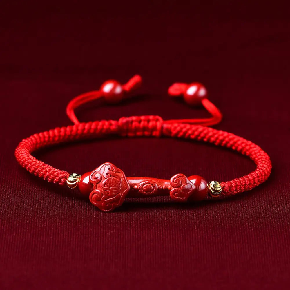 Buddha Stones Handcrafted Pixiu Cinnabar Ruyi Stick Wealth Luck Braided Bracelet - Cinnabar Ruyi Stick(Wrist