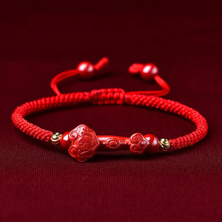 Buddha Stones Handcrafted Pixiu Cinnabar Ruyi Stick Wealth Luck Braided Bracelet - Cinnabar Ruyi Stick(Wrist