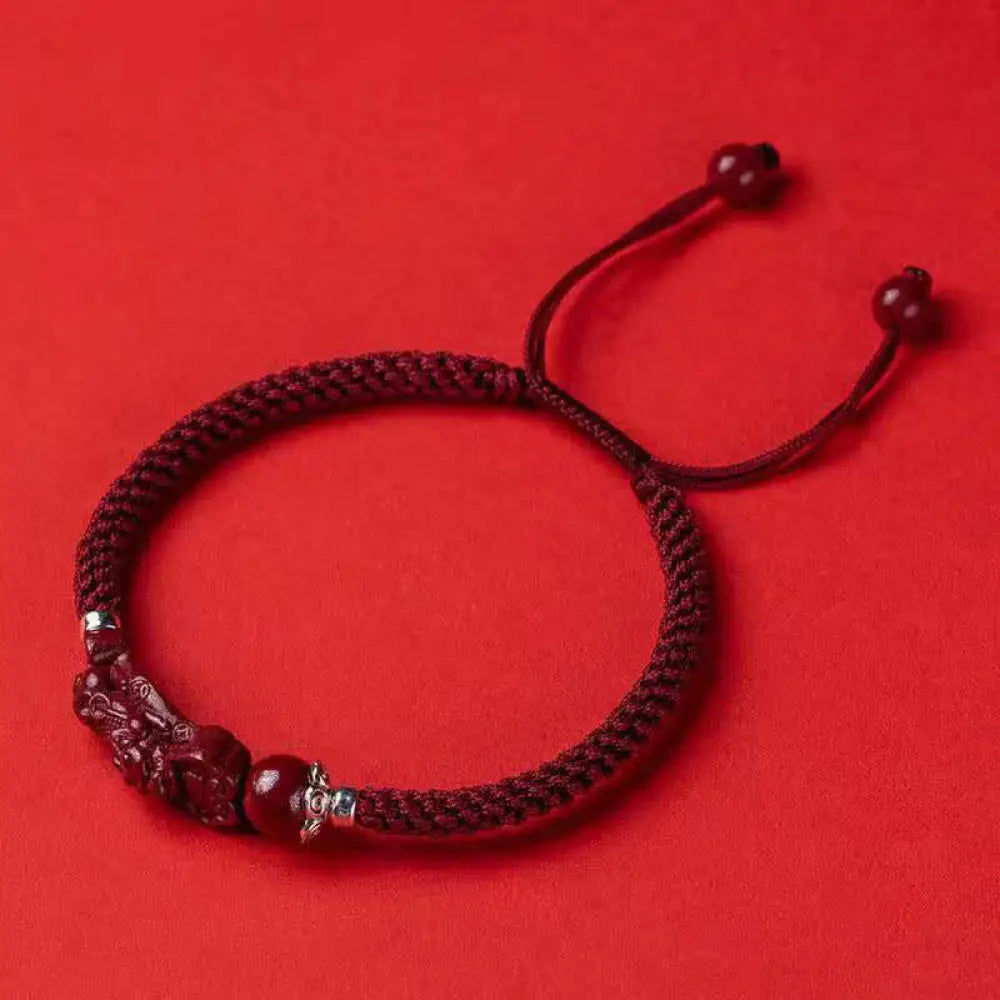 Buddha Stones Handcrafted PiXiu Cinnabar Wealth Luck Braided Bracelet - BWOOOH - Dark Red Adjustable Rope / 18cm