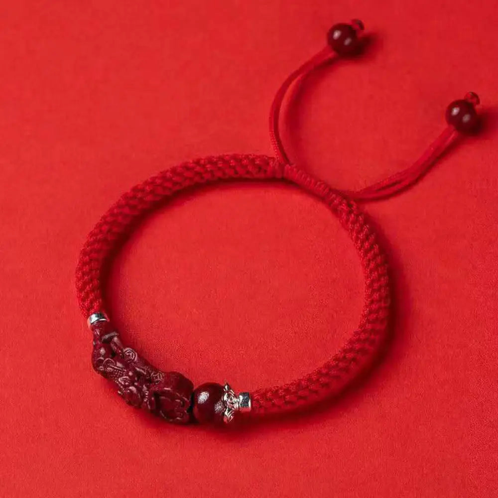Buddha Stones Handcrafted PiXiu Cinnabar Wealth Luck Braided Bracelet - BWOOOH - Red Adjustable Rope / 18cm - Bracelet