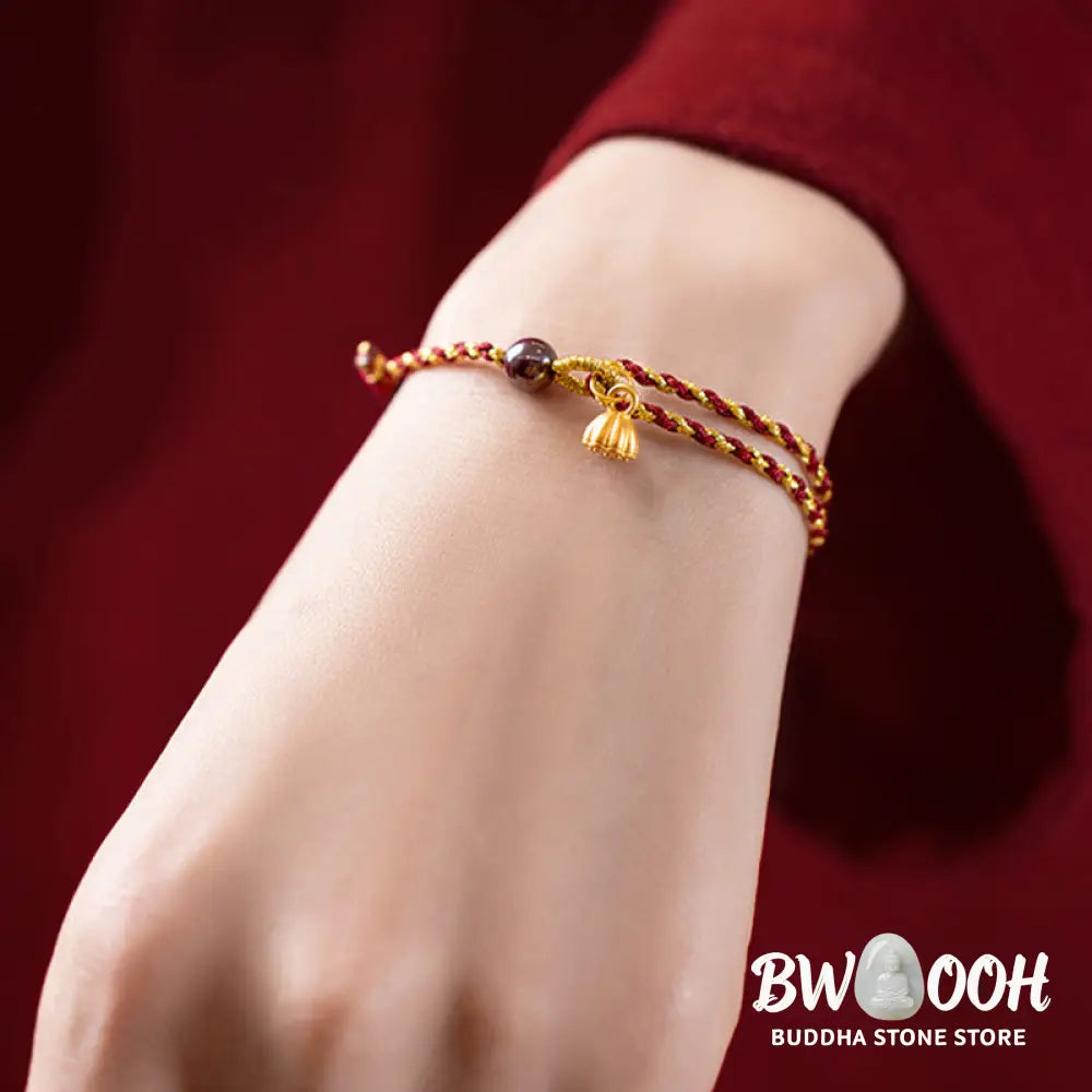 Buddha Stones Handcrafted Red Gold Rope Lotus Peace And Joy Charm Braid Bracelet - BWOOOH - Bracelet