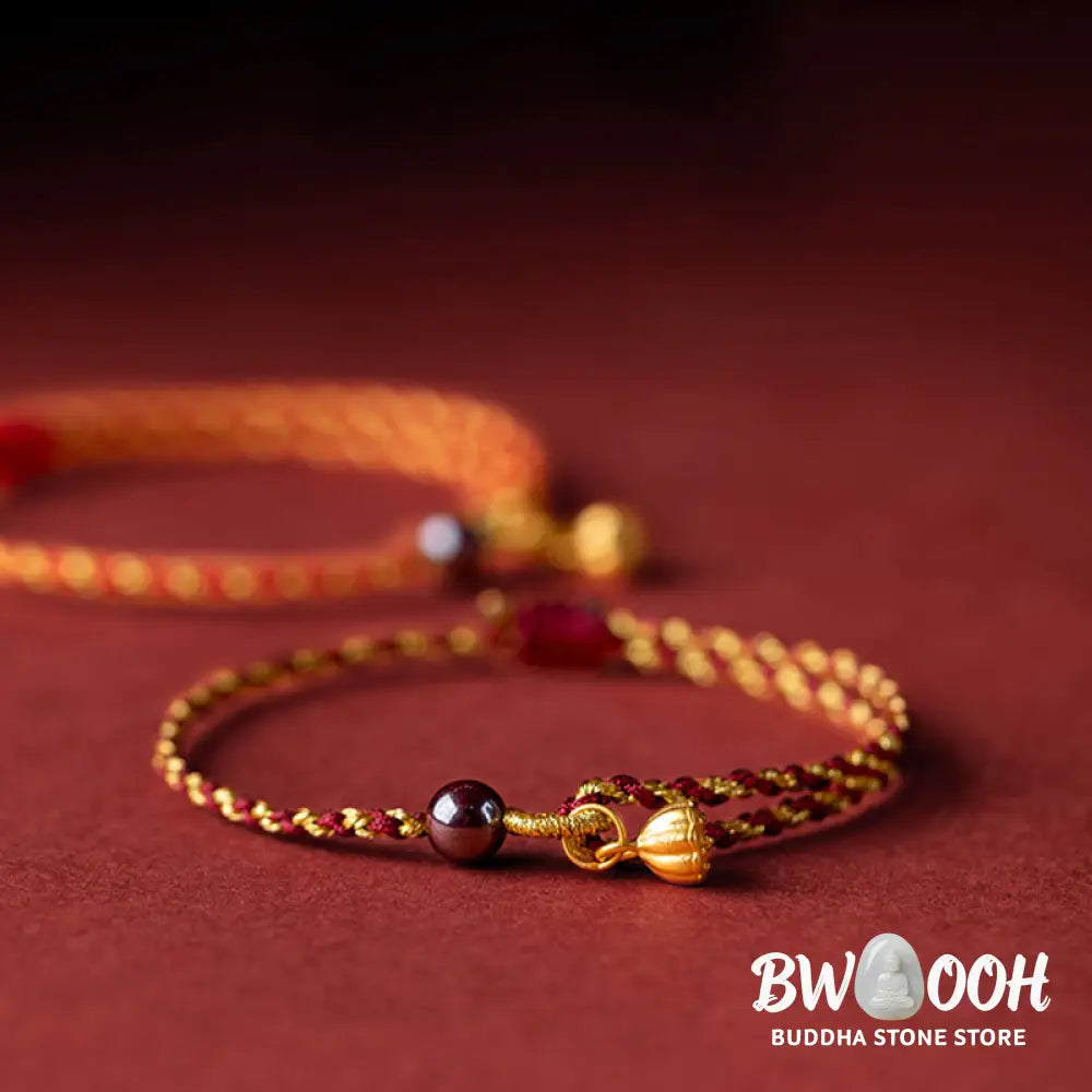 Buddha Stones Handcrafted Red Gold Rope Lotus Peace And Joy Charm Braid Bracelet - BWOOOH - Bracelet