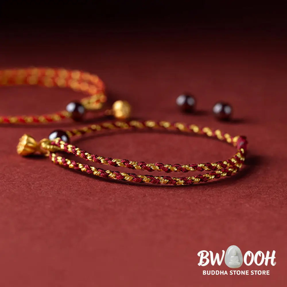 Buddha Stones Handcrafted Red Gold Rope Lotus Peace And Joy Charm Braid Bracelet - BWOOOH - Bracelet