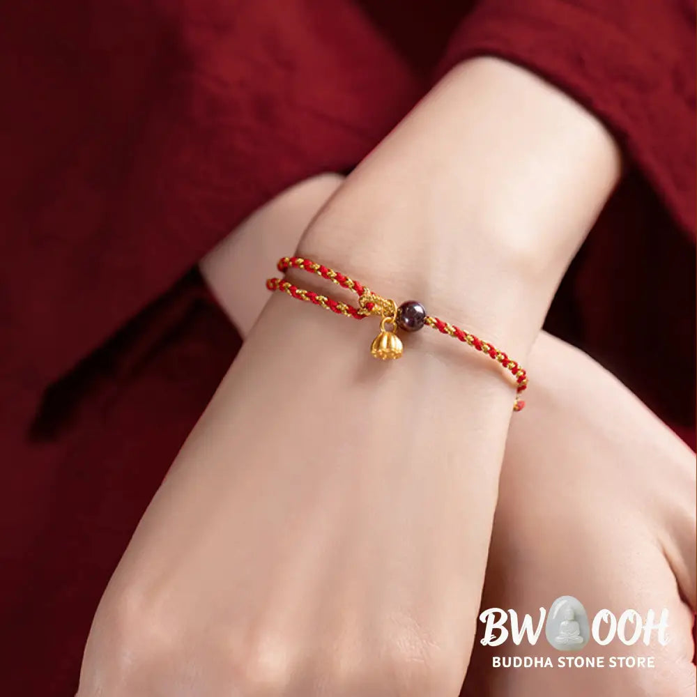 Buddha Stones Handcrafted Red Gold Rope Lotus Peace And Joy Charm Braid Bracelet - BWOOOH - Bracelet