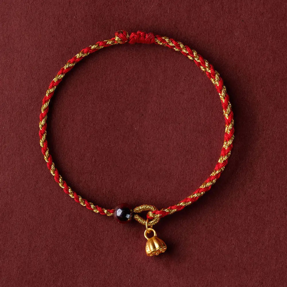 Buddha Stones Handcrafted Red Gold Rope Lotus Peace And Joy Charm Braid Bracelet - BWOOOH - Golden Lotus Pod Charm