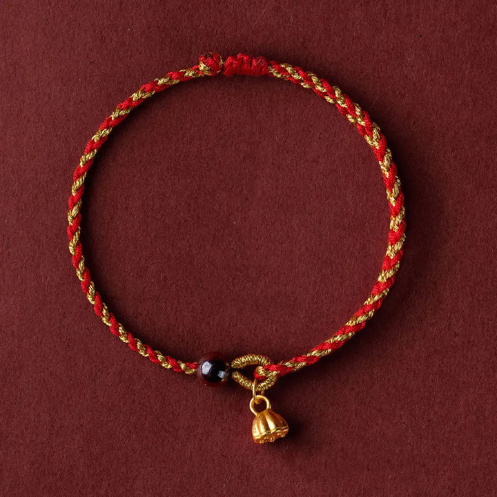 Buddha Stones Handcrafted Red Gold Rope Lotus Peace And Joy Charm Braid Bracelet - BWOOOH - Golden Lotus Pod Charm