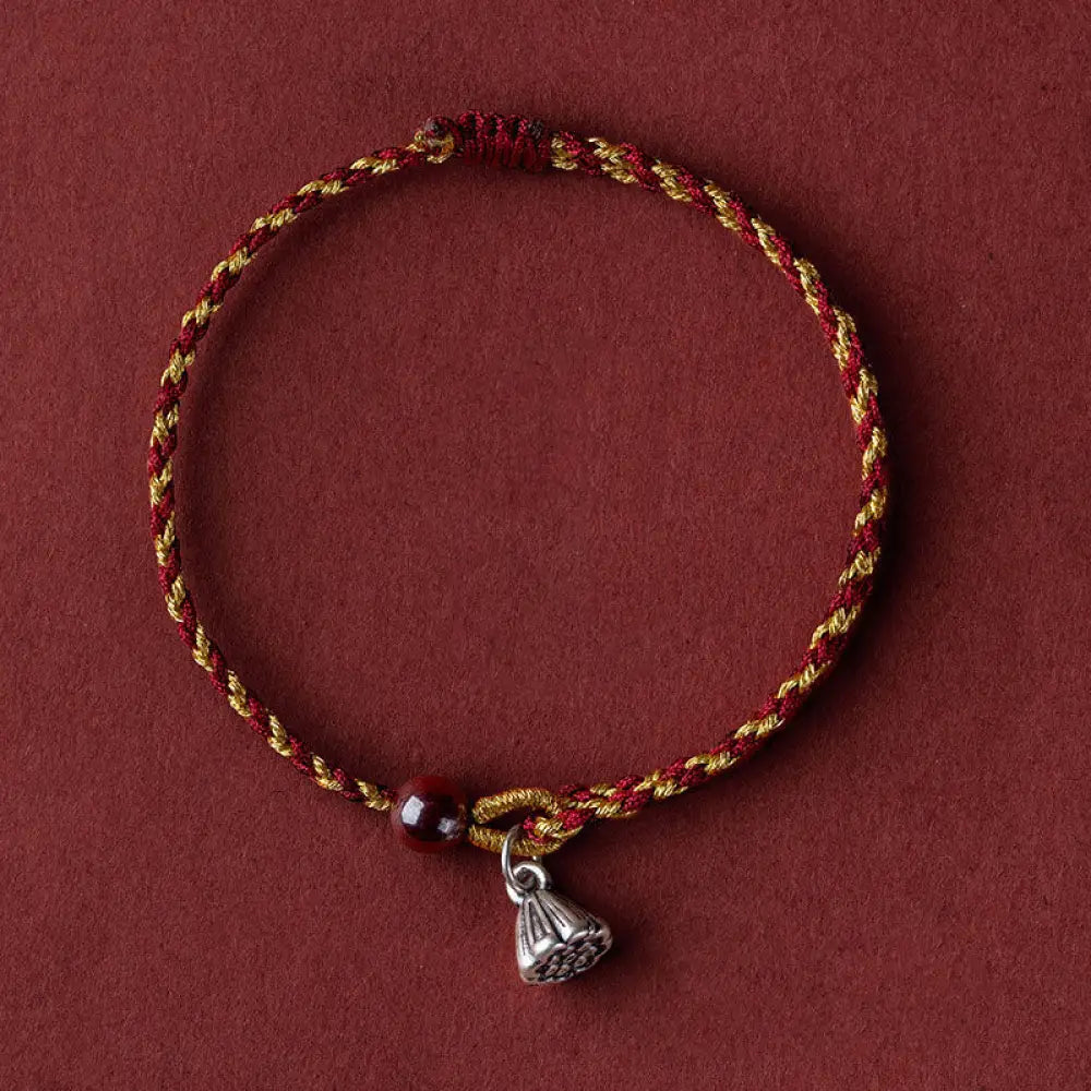 Buddha Stones Handcrafted Red Gold Rope Lotus Peace And Joy Charm Braid Bracelet - BWOOOH - Silver Lotus Pod Charm