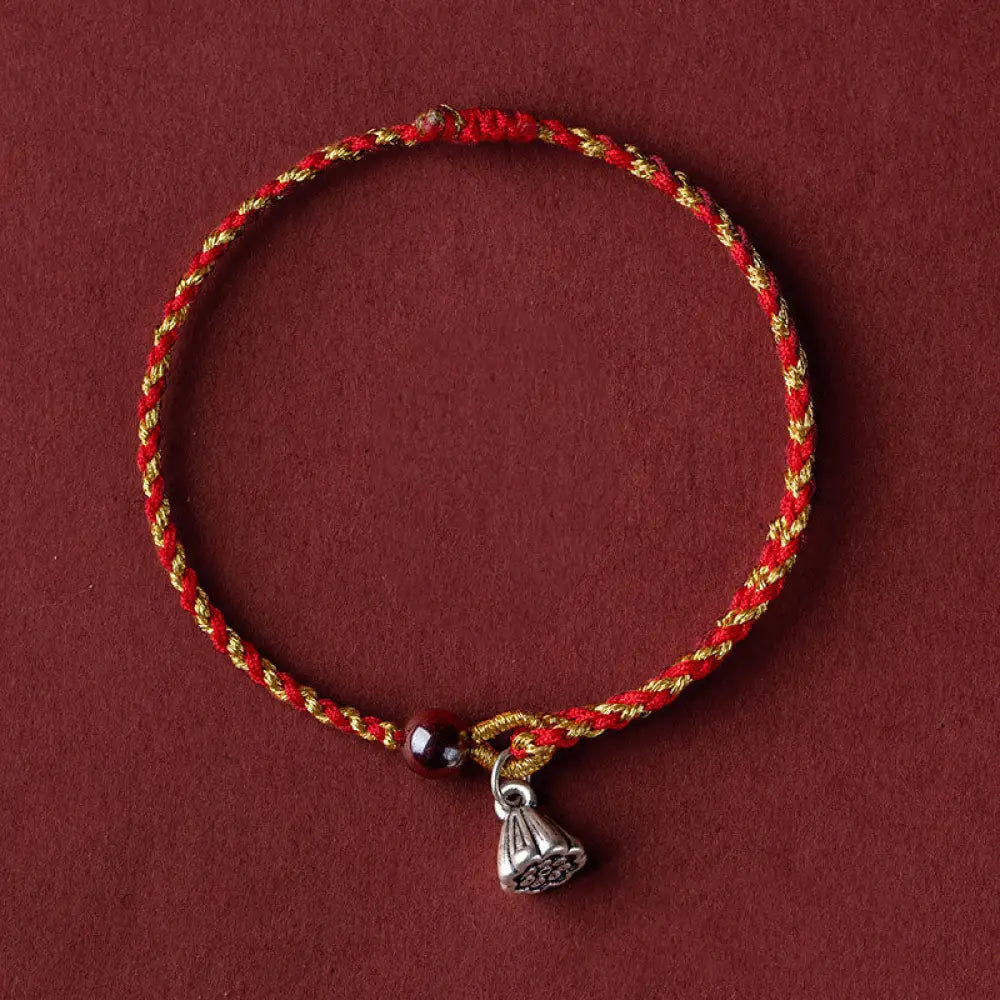 Buddha Stones Handcrafted Red Gold Rope Lotus Peace And Joy Charm Braid Bracelet - BWOOOH - Silver Lotus Pod Charm