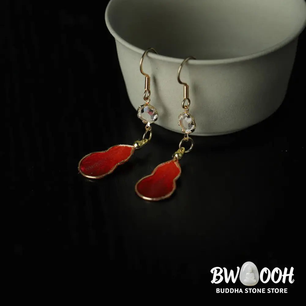 Buddha Stones Handcrafted Red Silk Art Gourd Glass Blessing Fortune Hook Earrings - Gourd(Size: 4*1.5cm) - Earrings