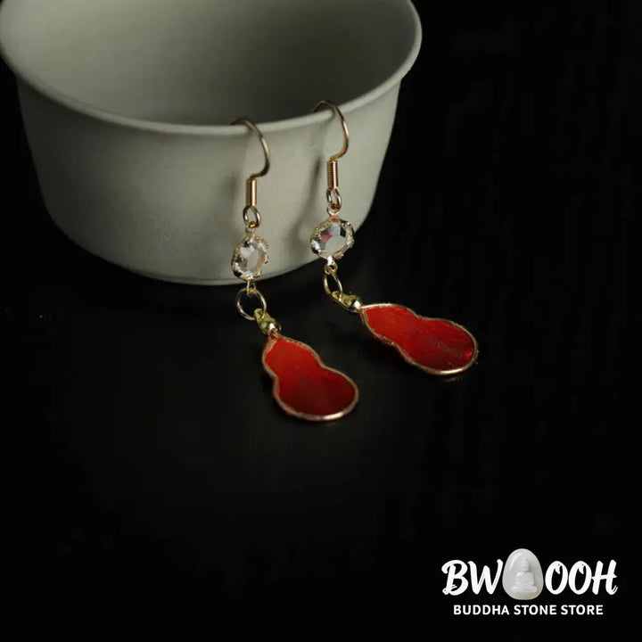 Buddha Stones Handcrafted Red Silk Art Gourd Glass Blessing Fortune Hook Earrings - Gourd(Size: 4*1.5cm) - Earrings