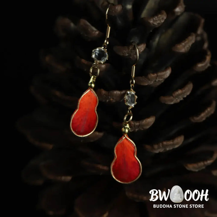Buddha Stones Handcrafted Red Silk Art Gourd Glass Blessing Fortune Hook Earrings - Gourd(Size: 4*1.5cm) - Earrings
