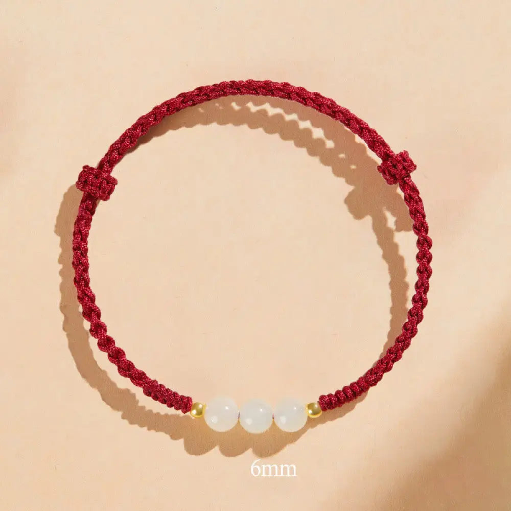 Buddha Stones Handcrafted Round Jade Lucky Bead Prosperity Braided Bracelet - BWOOOH - 6mm Three Beads / Dark Red(Wrist