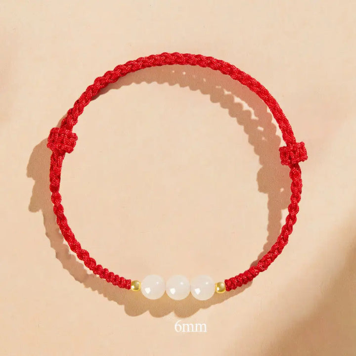 Buddha Stones Handcrafted Round Jade Lucky Bead Prosperity Braided Bracelet - BWOOOH - 6mm Three Beads / Red(Wrist