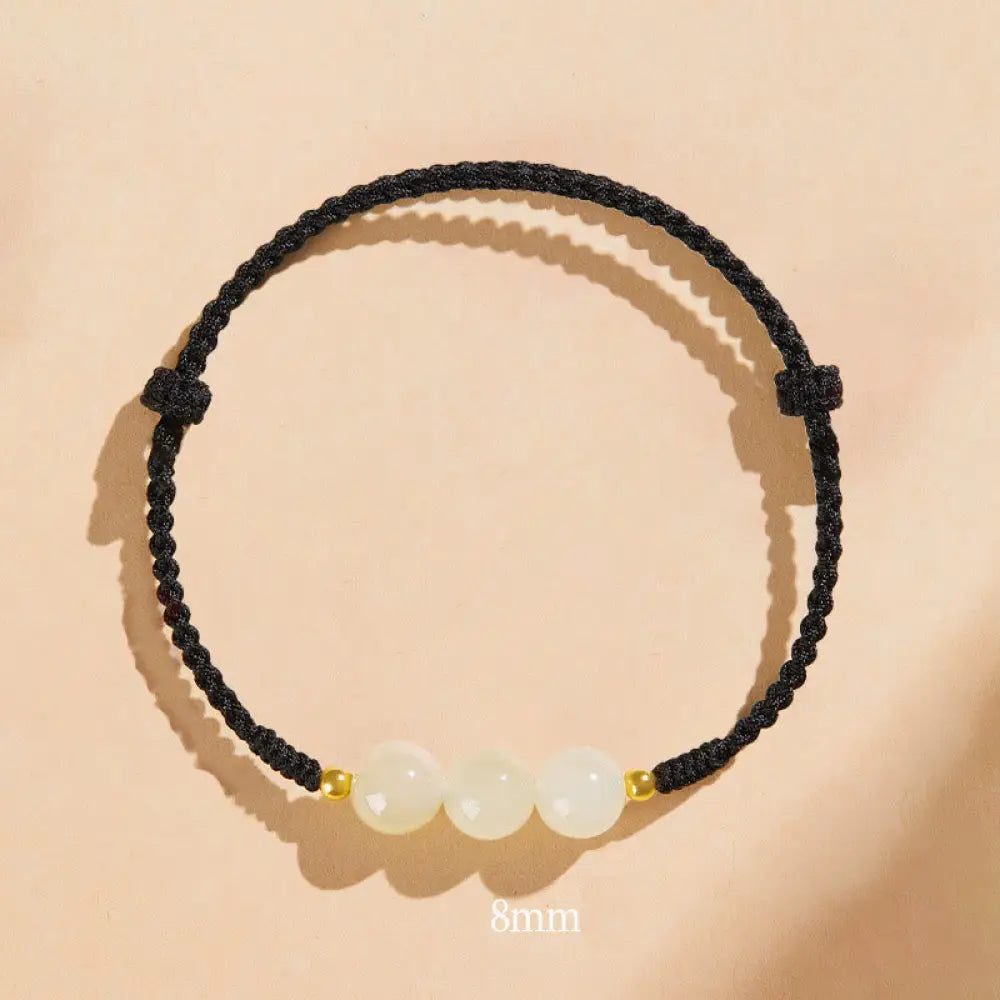 Buddha Stones Handcrafted Round Jade Lucky Bead Prosperity Braided Bracelet - BWOOOH - 8mm Three Beads / Black(Wrist