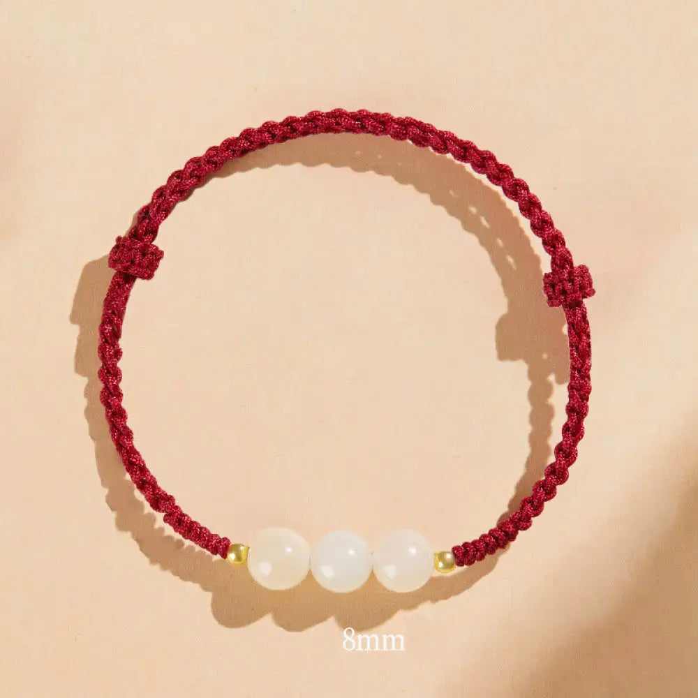 Buddha Stones Handcrafted Round Jade Lucky Bead Prosperity Braided Bracelet - BWOOOH - 8mm Three Beads / Dark Red(Wrist