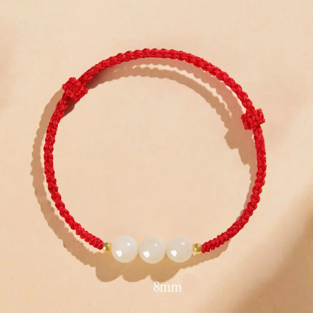 Buddha Stones Handcrafted Round Jade Lucky Bead Prosperity Braided Bracelet - BWOOOH - 8mm Three Beads / Red(Wrist