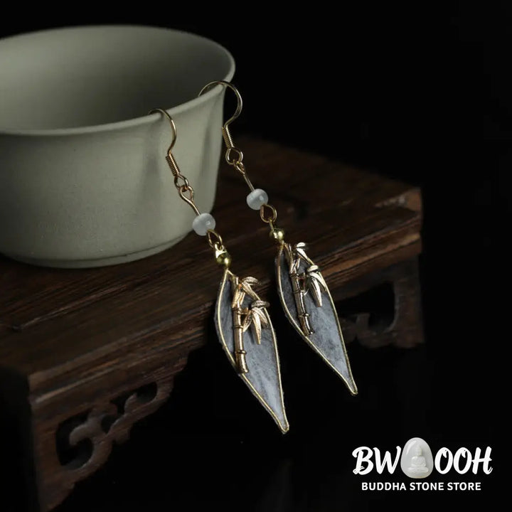 Buddha Stones Handcrafted Silk Art Bamboo Design Copper Hook Luck Protection Dangle Earrings - Bamboo(Length: About