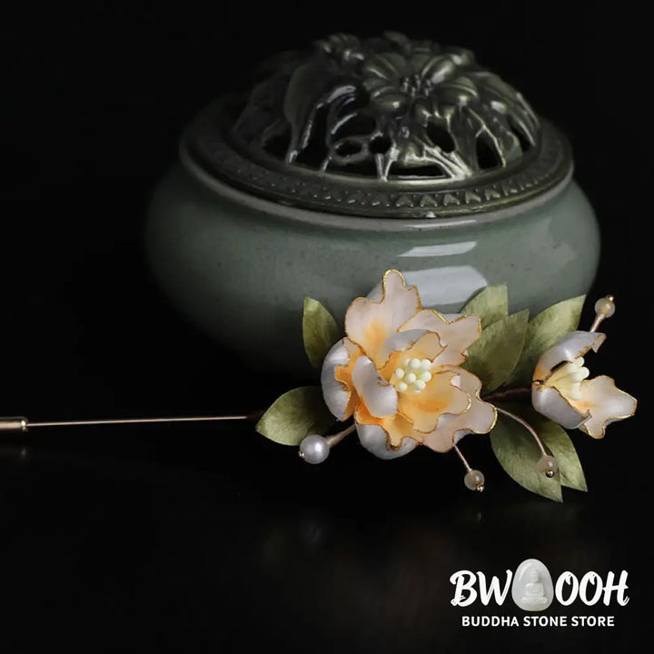 Buddha Stones Handcrafted Silk Art Golden Peony Flower Good Fortune Brooch - Golden Peony About 7cm - Brooch