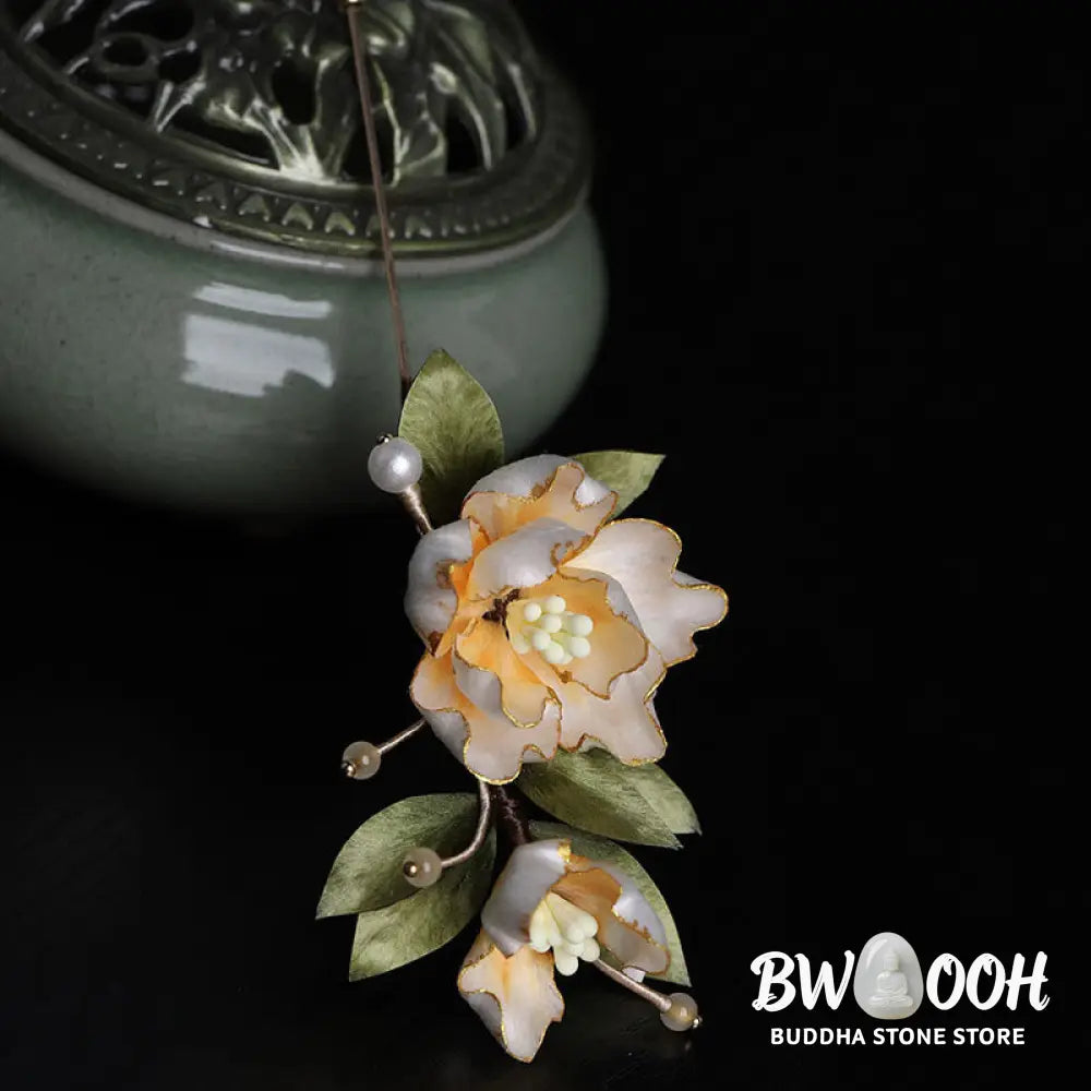 Buddha Stones Handcrafted Silk Art Golden Peony Flower Good Fortune Brooch - Golden Peony About 7cm - Brooch