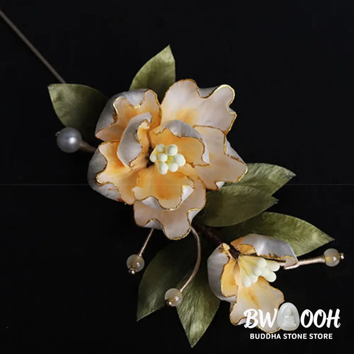 Buddha Stones Handcrafted Silk Art Golden Peony Flower Good Fortune Brooch - Golden Peony About 7cm - Brooch