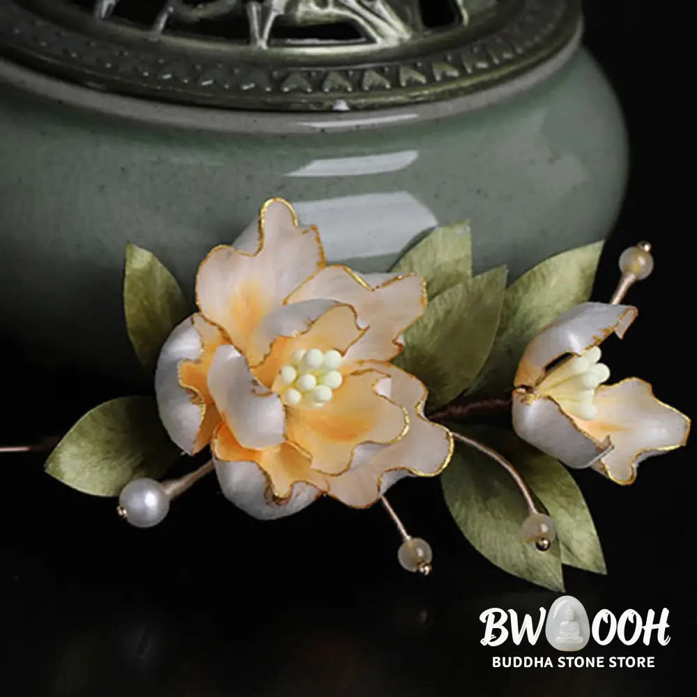 Buddha Stones Handcrafted Silk Art Golden Peony Flower Good Fortune Brooch - Golden Peony About 7cm - Brooch
