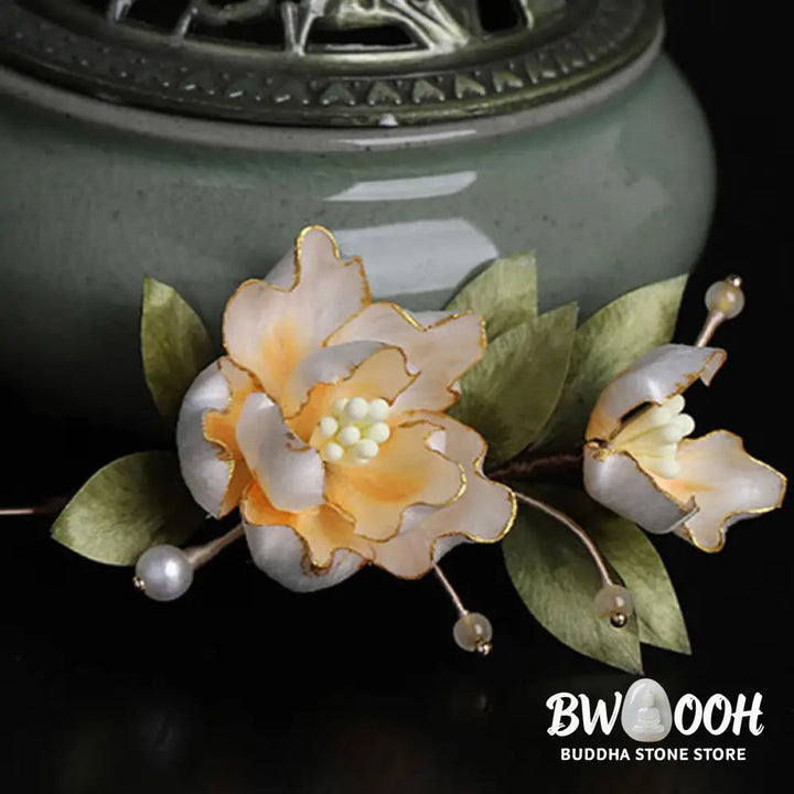 Buddha Stones Handcrafted Silk Art Golden Peony Flower Good Fortune Brooch - Golden Peony About 7cm - Brooch