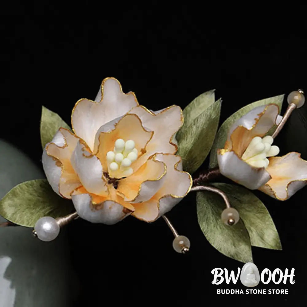 Buddha Stones Handcrafted Silk Art Golden Peony Flower Good Fortune Brooch - Golden Peony About 7cm - Brooch