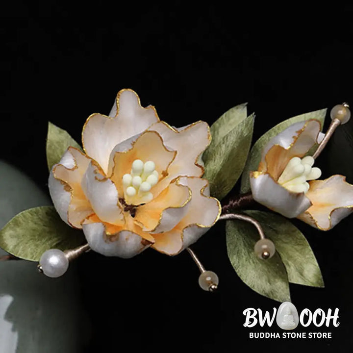 Buddha Stones Handcrafted Silk Art Golden Peony Flower Good Fortune Brooch - Golden Peony About 7cm - Brooch