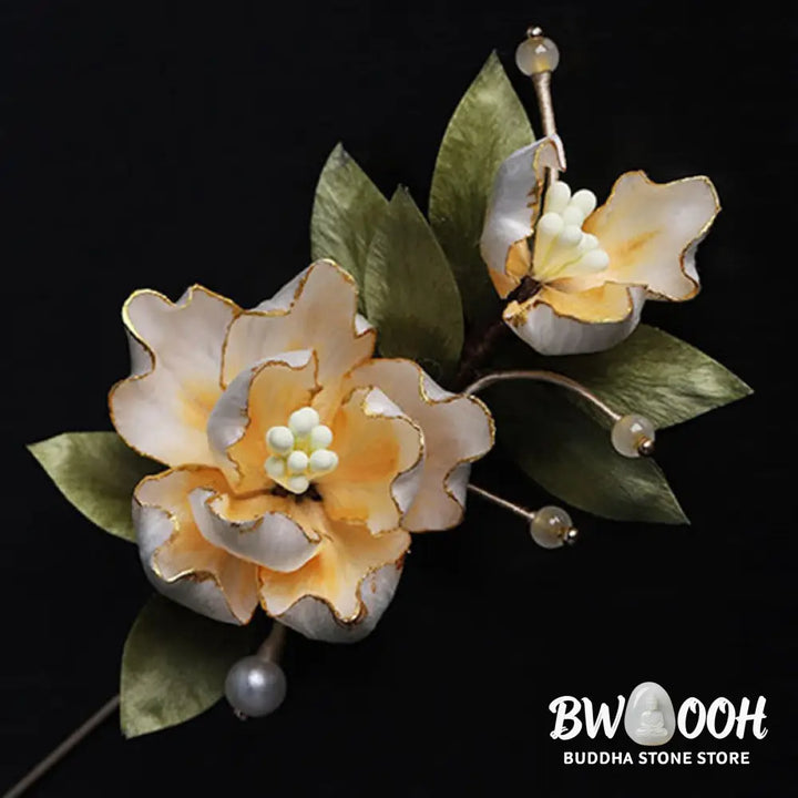 Buddha Stones Handcrafted Silk Art Golden Peony Flower Good Fortune Brooch - Golden Peony About 7cm - Brooch