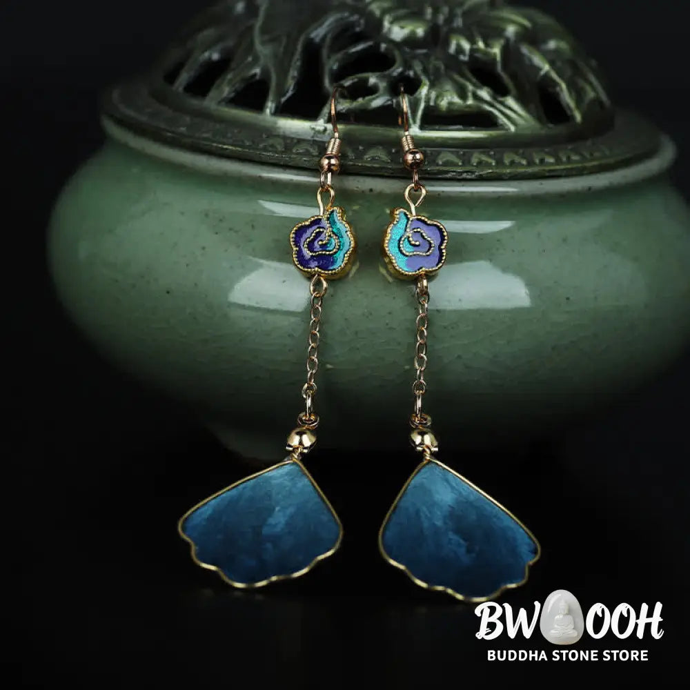Buddha Stones Handcrafted Silk Art Petal Good Fortune Blessing Dangle Hook Earrings - Earrings