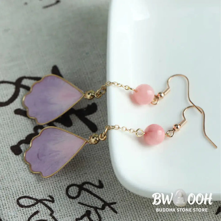 Buddha Stones Handcrafted Silk Art Petal Good Fortune Blessing Dangle Hook Earrings - Earrings