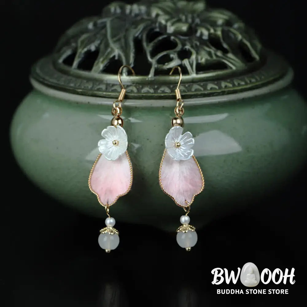 Buddha Stones Handcrafted Silk Art Petal Good Fortune Blessing Dangle Hook Earrings - Silk fibers(Size: 5.5*1cm)